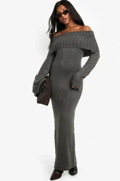 Maxi Dresses|Jumper Dresses*boohoo Premium Oversized Bardot Neckline Maxi Jumper Dress charcoal