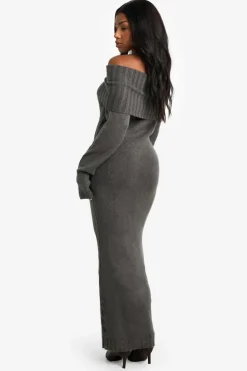 Maxi Dresses|Jumper Dresses*boohoo Premium Oversized Bardot Neckline Maxi Jumper Dress charcoal