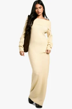 Maxi Dresses|Jumper Dresses*boohoo Premium Oversized Bardot Neckline Maxi Jumper Dress stone