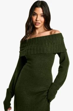 Maxi Dresses|Jumper Dresses*boohoo Premium Oversized Bardot Neckline Maxi Jumper Dress forest