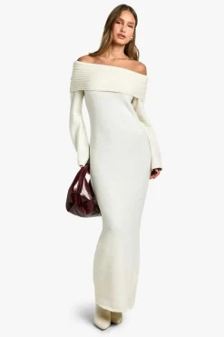 Jumper Dresses|Jumper Dresses*boohoo Premium Oversized Rib Bardot Neckline Soft Knit Jumper Dress ecru