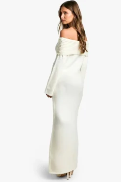 Jumper Dresses|Jumper Dresses*boohoo Premium Oversized Rib Bardot Neckline Soft Knit Jumper Dress ecru