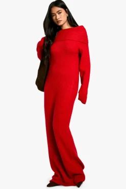 Jumper Dresses|Jumper Dresses*boohoo Premium Oversized Rib Bardot Neckline Soft Knit Jumper Dress red