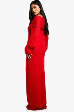 Jumper Dresses|Jumper Dresses*boohoo Premium Oversized Rib Bardot Neckline Soft Knit Jumper Dress red