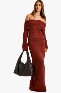Jumper Dresses|Jumper Dresses*boohoo Premium Oversized Rib Bardot Neckline Soft Knit Jumper Dress chocolate