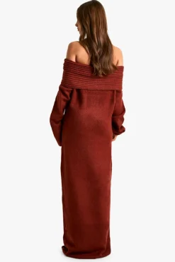 Jumper Dresses|Jumper Dresses*boohoo Premium Oversized Rib Bardot Neckline Soft Knit Jumper Dress chocolate