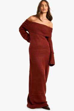 Jumper Dresses|Jumper Dresses*boohoo Premium Oversized Rib Bardot Neckline Soft Knit Jumper Dress chocolate