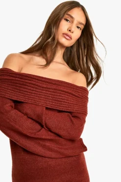 Jumper Dresses|Jumper Dresses*boohoo Premium Oversized Rib Bardot Neckline Soft Knit Jumper Dress chocolate