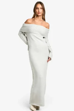 Jumper Dresses|Jumper Dresses*boohoo Premium Oversized Rib Bardot Neckline Soft Knit Jumper Dress grey