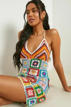 Jumper Dresses|Jumper Dresses*boohoo Premium Patchwork Crochet Knitted Dress pink