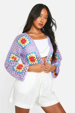 Cardigans|Beachwear*boohoo Premium Patchwork Crochet Cropped Cardigan lilac