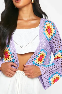 Cardigans|Beachwear*boohoo Premium Patchwork Crochet Cropped Cardigan lilac