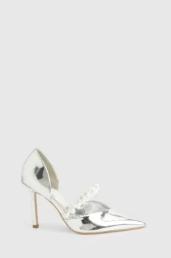 Heels*boohoo Premium Pearl Strap Metallic Court Heels silver