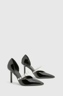Heels*boohoo Premium Pearl Strap Patent Court Heels black