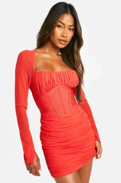 Bodycon Dresses*boohoo Premium Power Mesh Flare Sleeve Dress red