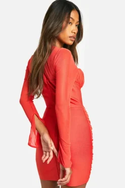 Bodycon Dresses*boohoo Premium Power Mesh Flare Sleeve Dress red