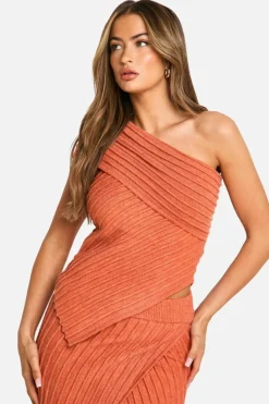 Knitted Tops*boohoo Premium Rib Asymmetric Knitted Top peach