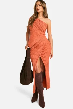 Knitted Tops*boohoo Premium Rib Asymmetric Knitted Top peach