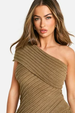 Knitted Tops*boohoo Premium Rib Asymmetric Knitted Top mocha