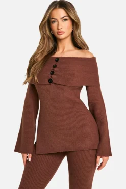 Knitted Tops*boohoo Premium Rib Bardot Knitted Top chocolate