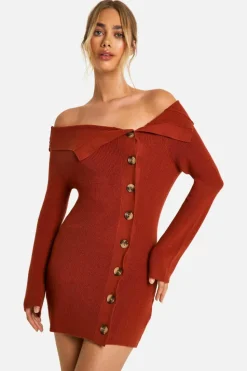 Mini Dresses|Jumper Dresses*boohoo Premium Rib Knit Foldover Detail Button Down Mini Dress rust