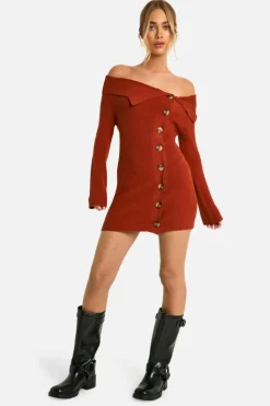 Mini Dresses|Jumper Dresses*boohoo Premium Rib Knit Foldover Detail Button Down Mini Dress rust