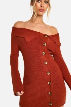 Mini Dresses|Jumper Dresses*boohoo Premium Rib Knit Foldover Detail Button Down Mini Dress rust