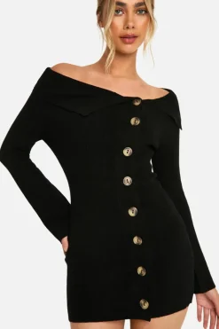 Jumper Dresses|Jumper Dresses*boohoo Premium Rib Knit Foldover Detail Button Down Mini Dress black