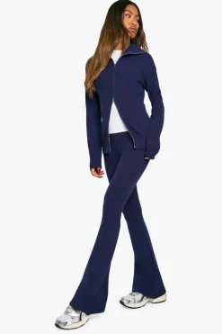 Knitted Co-Ords|Trousers*boohoo Premium Rib Knitted Double End Zip Up Jumper And Puddle Hem Trouser navy