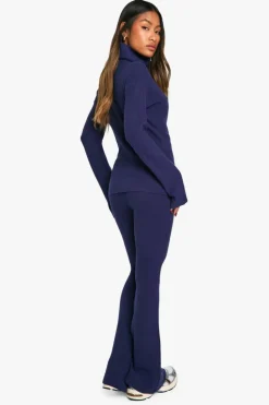 Knitted Co-Ords|Trousers*boohoo Premium Rib Knitted Double End Zip Up Jumper And Puddle Hem Trouser navy