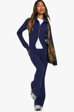 Knitted Co-Ords|Trousers*boohoo Premium Rib Knitted Double End Zip Up Jumper And Puddle Hem Trouser navy