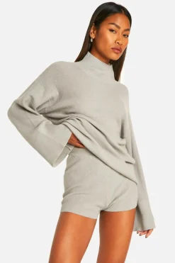 Knitted Co-Ords|Shorts*boohoo Premium Rib Knitted Oversized High Neck Jumper And Knitted Short Set grey