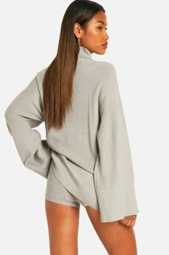 Knitted Co-Ords|Shorts*boohoo Premium Rib Knitted Oversized High Neck Jumper And Knitted Short Set grey