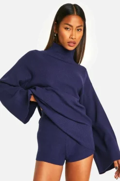 Knitted Co-Ords|Shorts*boohoo Premium Rib Knitted Oversized High Neck Jumper And Knitted Short Set navy