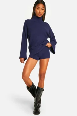 Knitted Co-Ords|Shorts*boohoo Premium Rib Knitted Oversized High Neck Jumper And Knitted Short Set navy