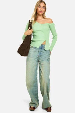 Knitted Tops*boohoo Premium Rib One Shoulder Knitted Top green