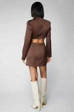 Blazer Dresses*NastyGal Premium Satin Cut Out Blazer Dress chocolate