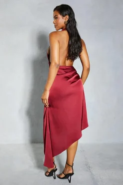 A Line Dresses|Midi Dresses*MissPap Premium Satin Halterneck Low Back Asymmetric Midi Dress berry
