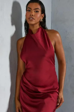 A Line Dresses|Midi Dresses*MissPap Premium Satin Halterneck Low Back Asymmetric Midi Dress berry