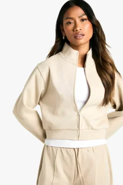 Sweatshirts|Hoodies & Sweatshirts*boohoo Premium Soft Touch Interlock Zip Zip Through Shoulder Pad Jacket stone