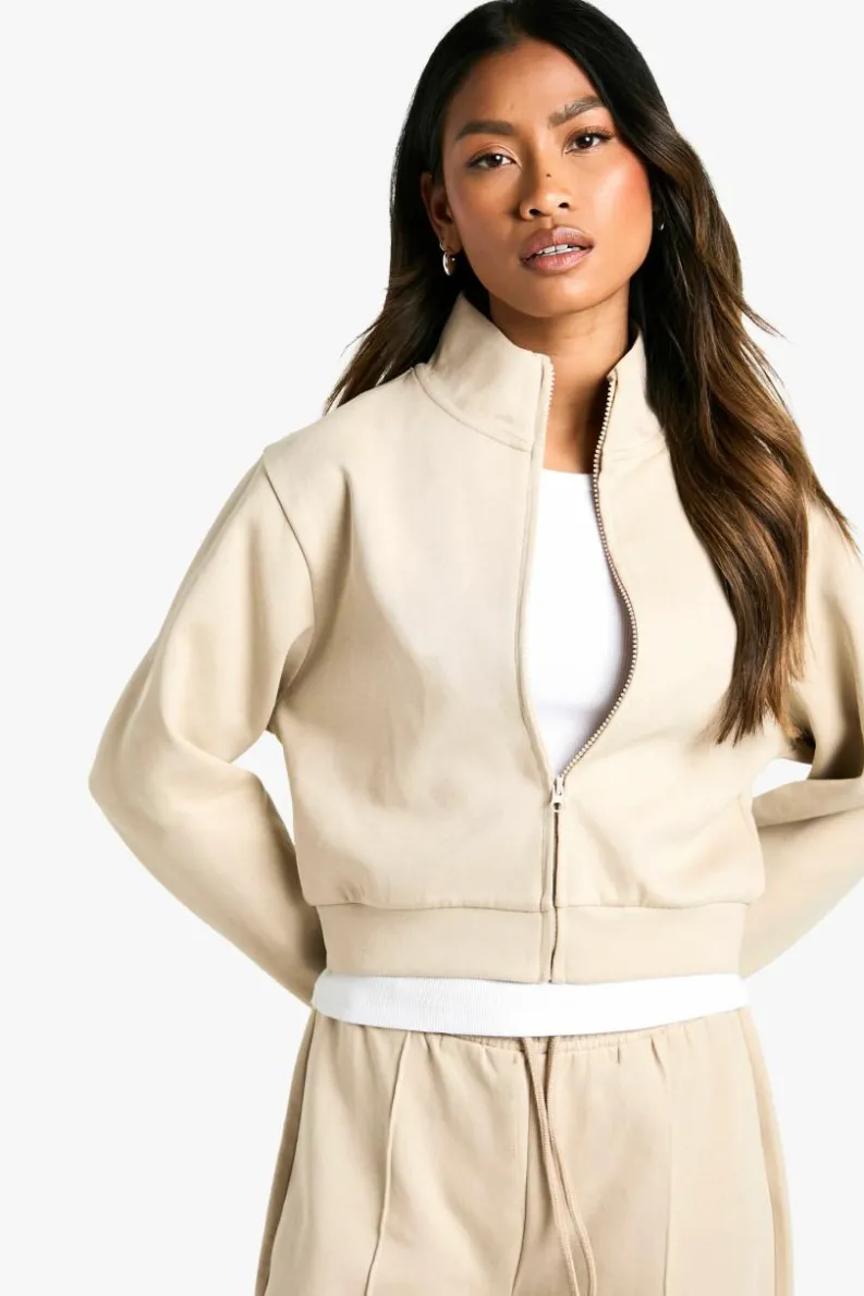 Sweatshirts|Hoodies & Sweatshirts*boohoo Premium Soft Touch Interlock Zip Zip Through Shoulder Pad Jacket stone