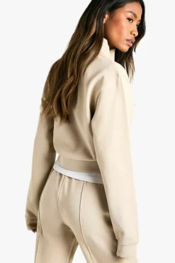 Sweatshirts|Hoodies & Sweatshirts*boohoo Premium Soft Touch Interlock Zip Zip Through Shoulder Pad Jacket stone