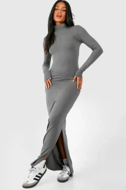 Bodycon Dresses*boohoo Premium Super Soft Roll Neck Bodycon Maxi Dress charcoal