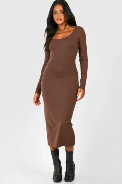 Bodycon Dresses*boohoo Premium Super Soft Scoop Neck Midaxi Dress chocolate