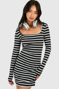 Bodycon Dresses*boohoo Premium Super Soft Square Neck Stripe Bodycon Mini Dress black