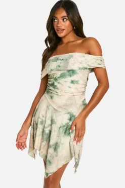 Skater Dresses*boohoo Print Jacquard Floral Bardot Hanky Hem Dress cream
