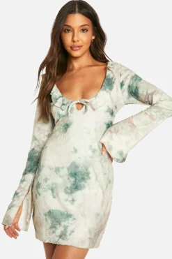 Skater Dresses*boohoo Print Jacquard Floral Tie Front Mini Dress cream