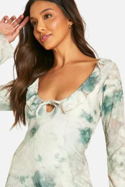 Skater Dresses*boohoo Print Jacquard Floral Tie Front Mini Dress cream
