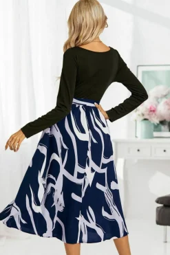 Midi Dresses*FS Collection Printed 2 In 1 Midi Dress Long Sleeve Top In Navy