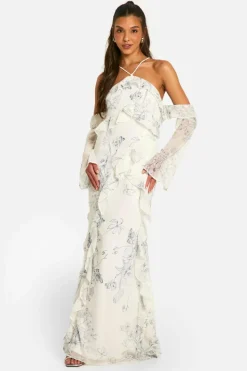 Maxi Dresses*boohoo Printed Chiffon Ruffle Bardot Maxi Dress multi